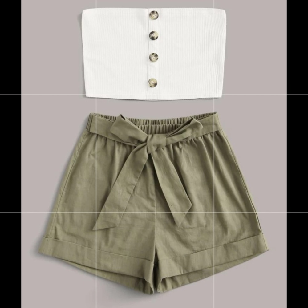 Buttoned Cropped Tube Top & Belted Shorts Set